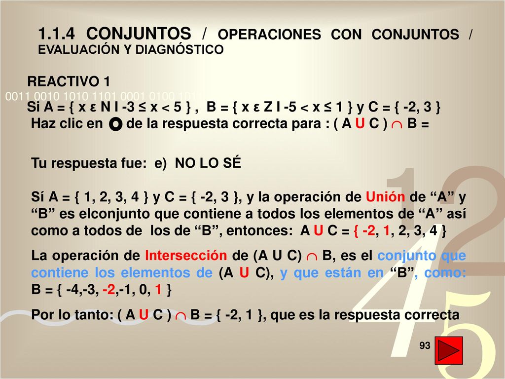 1.1.4 CONJUNTOS / OPERACIONES CON CONJUNTOS / EVALUACIÓN Y DIAGNÓSTICO