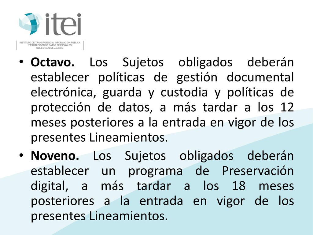Octavo. Los Sujetos obligados deberán establecer políticas de gestión documental electrónica, guarda y custodia y políticas de protección de datos, a más tardar a los 12 meses posteriores a la entrada en vigor de los presentes Lineamientos.