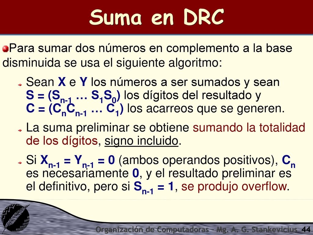 Suma en DRC Para sumar dos números en complemento a la base disminuida se usa el siguiente algoritmo: