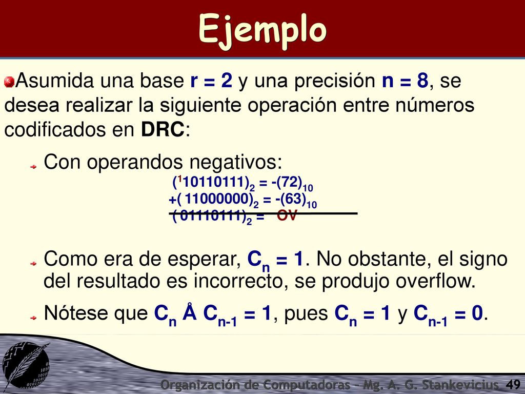 Ejemplo Asumida una base r = 2 y una precisión n = 8, se desea realizar la siguiente operación entre números codificados en DRC: