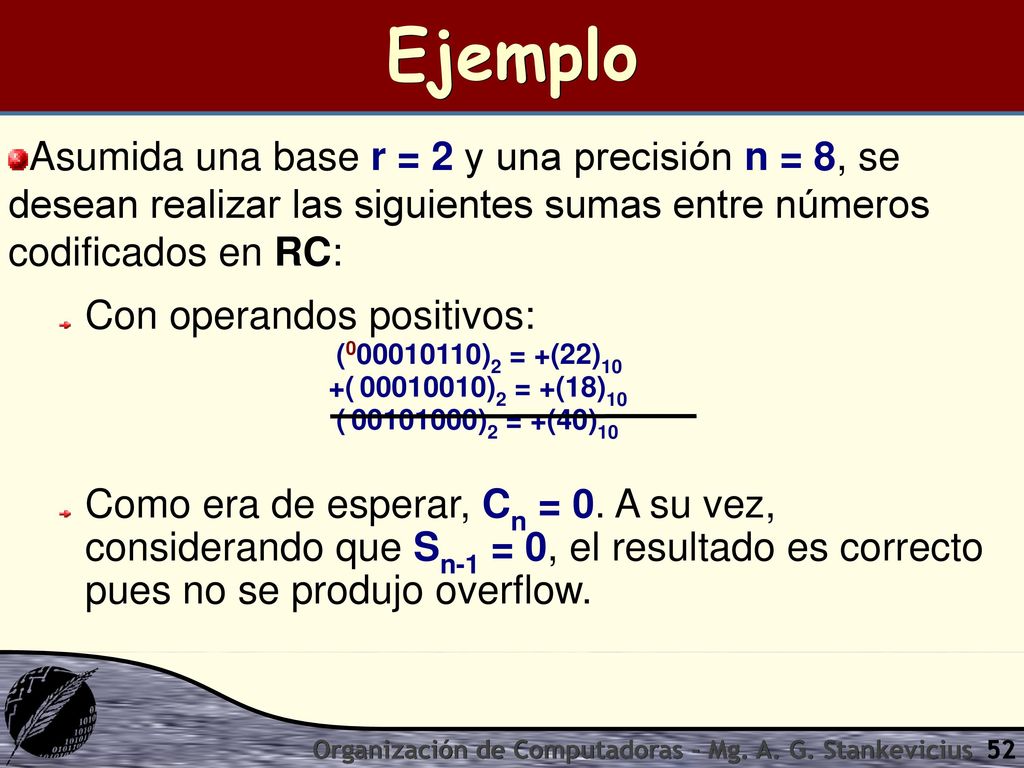 Ejemplo Asumida una base r = 2 y una precisión n = 8, se desean realizar las siguientes sumas entre números codificados en RC: