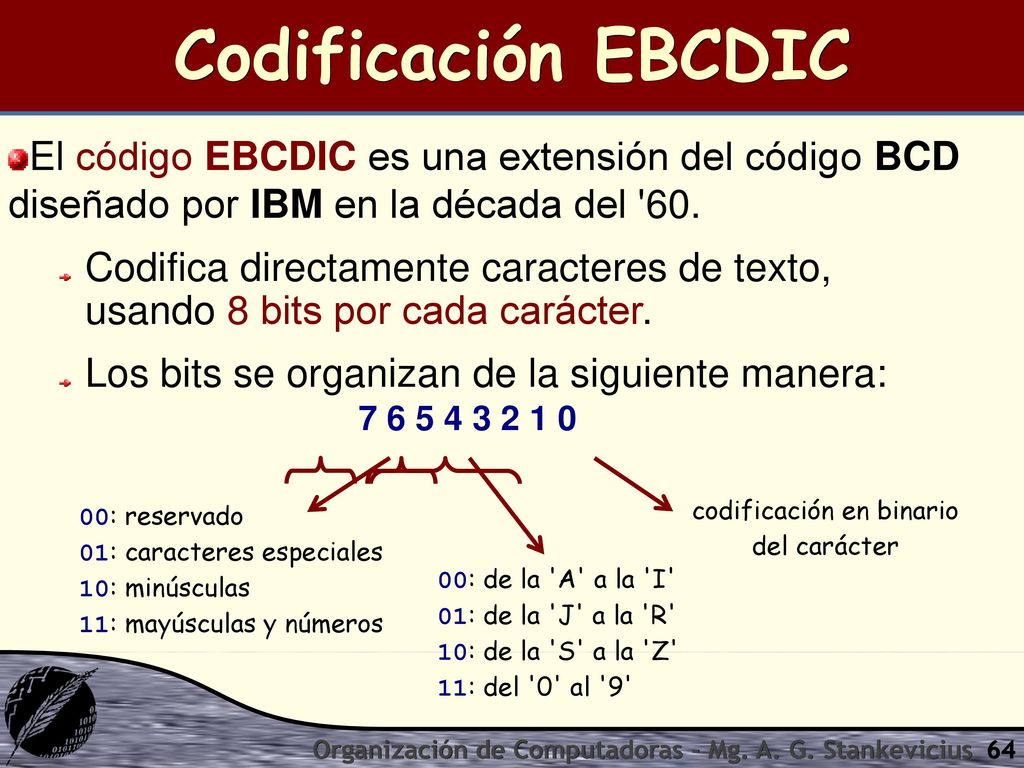 Codificación EBCDIC El código EBCDIC es una extensión del código BCD diseñado por IBM en la década del 60.