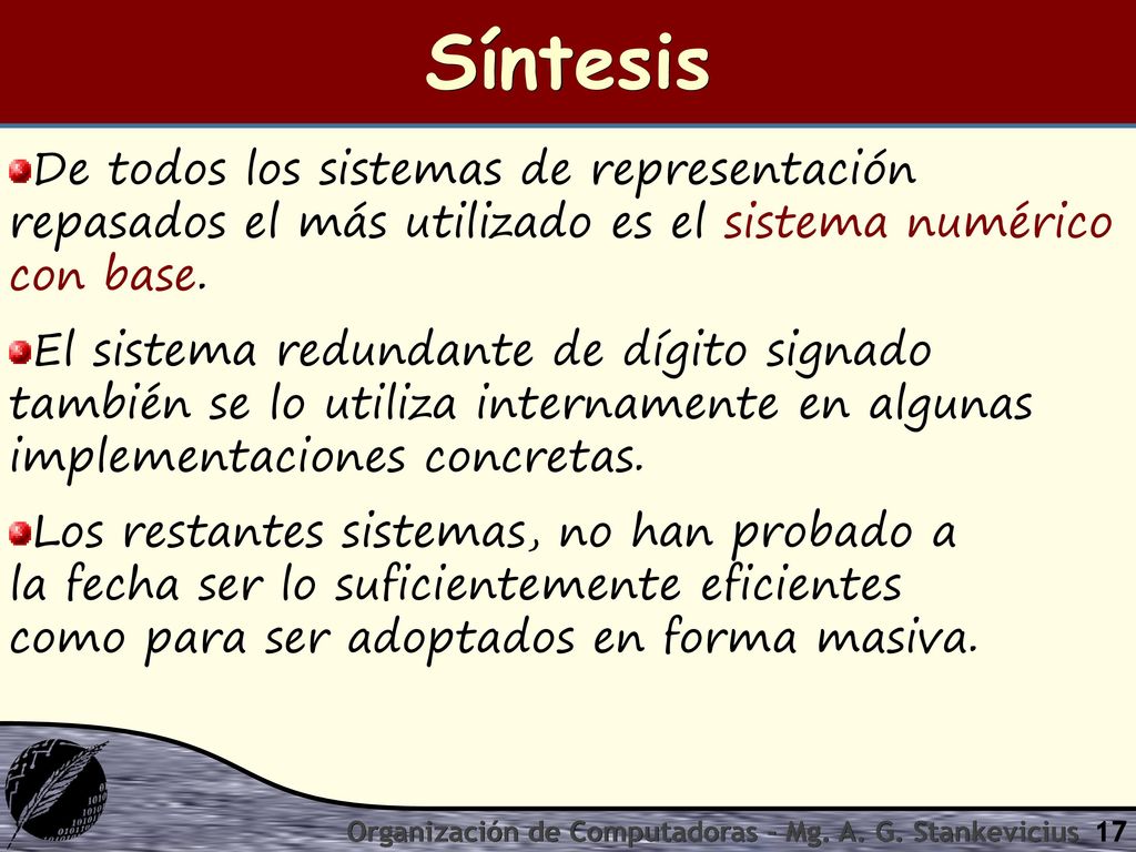 Síntesis De todos los sistemas de representación repasados el más utilizado es el sistema numérico con base.