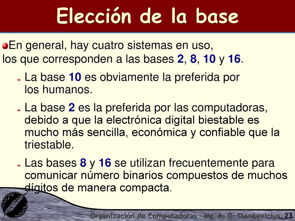 Elección de la base En general, hay cuatro sistemas en uso, los que corresponden a las bases 2, 8, 10 y 16.