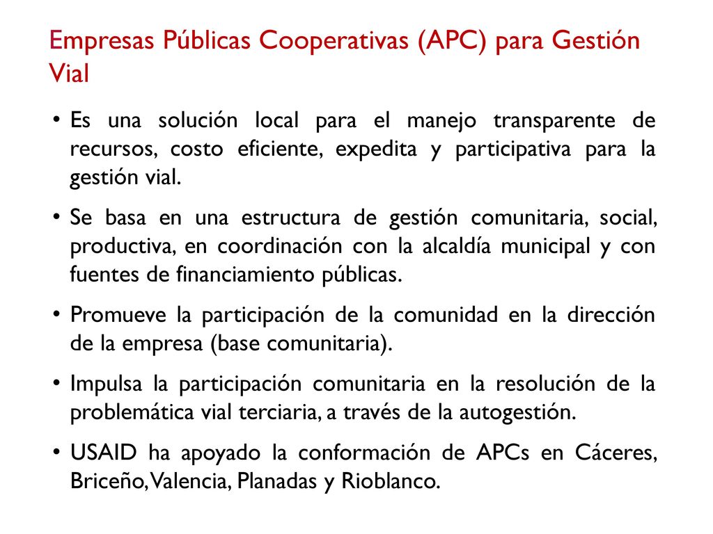 Empresas Públicas Cooperativas (APC) para Gestión Vial