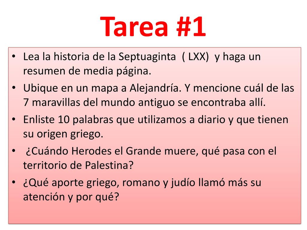 Tarea #1 Lea la historia de la Septuaginta ( LXX) y haga un resumen de media página.