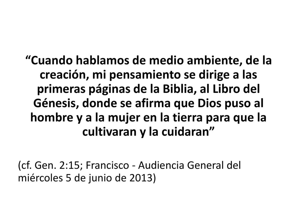 Cuando hablamos de medio ambiente, de la creación, mi pensamiento se dirige a las primeras páginas de la Biblia, al Libro del Génesis, donde se afirma que Dios puso al hombre y a la mujer en la tierra para que la cultivaran y la cuidaran