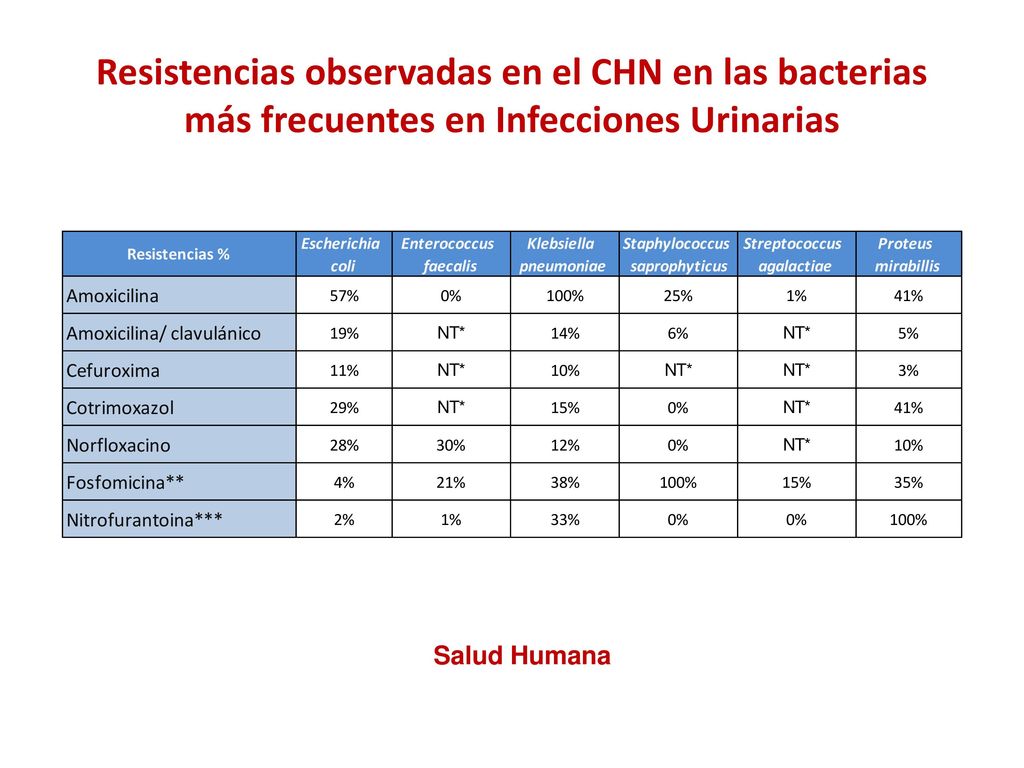 Resistencias observadas en el CHN en las bacterias más frecuentes en Infecciones Urinarias