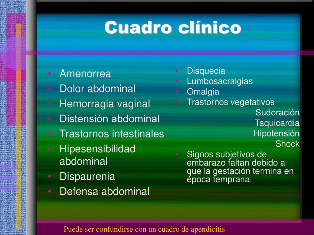 Cuadro clínico Amenorrea Dolor abdominal Hemorragia vaginal