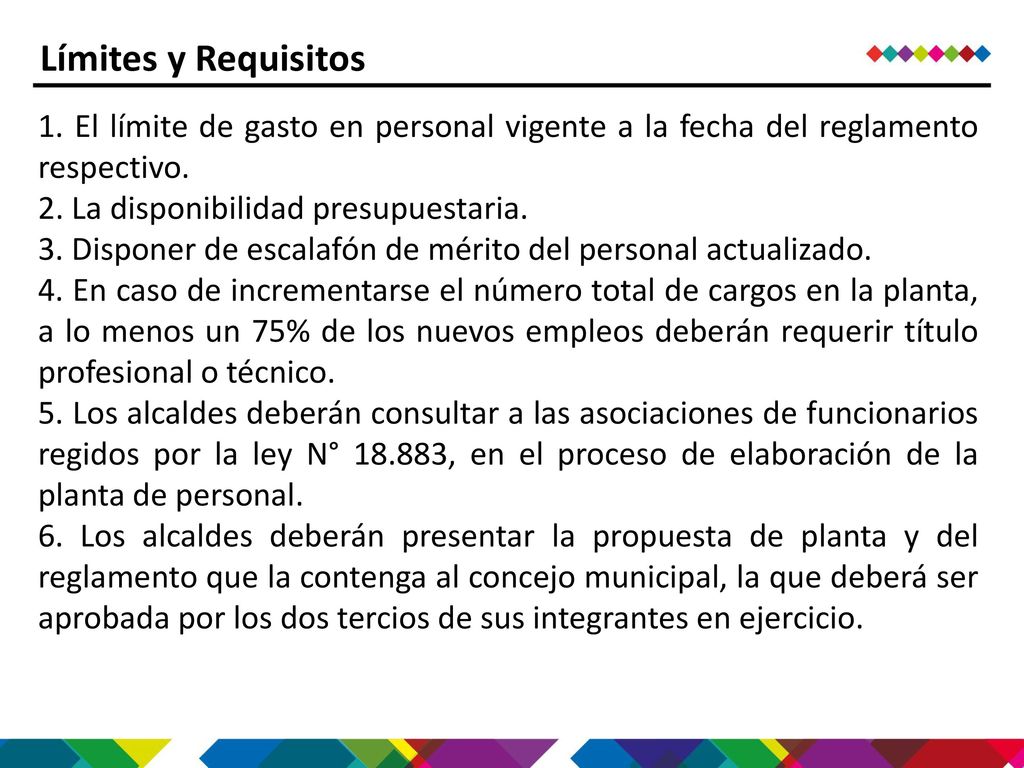 Límites y Requisitos 1. El límite de gasto en personal vigente a la fecha del reglamento respectivo.
