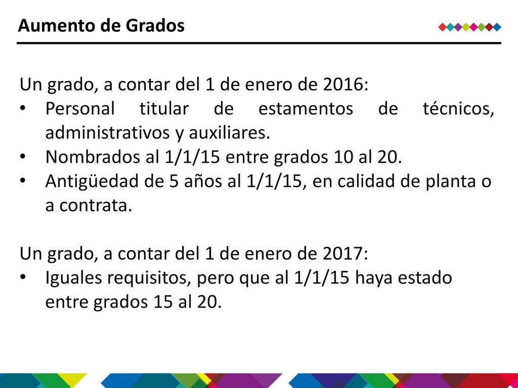 Aumento de Grados Un grado, a contar del 1 de enero de 2016: Personal titular de estamentos de técnicos, administrativos y auxiliares.