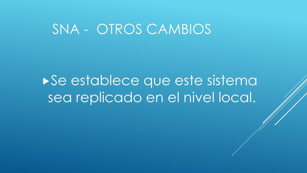 SNA - Otros cambios Se establece que este sistema sea replicado en el nivel local.