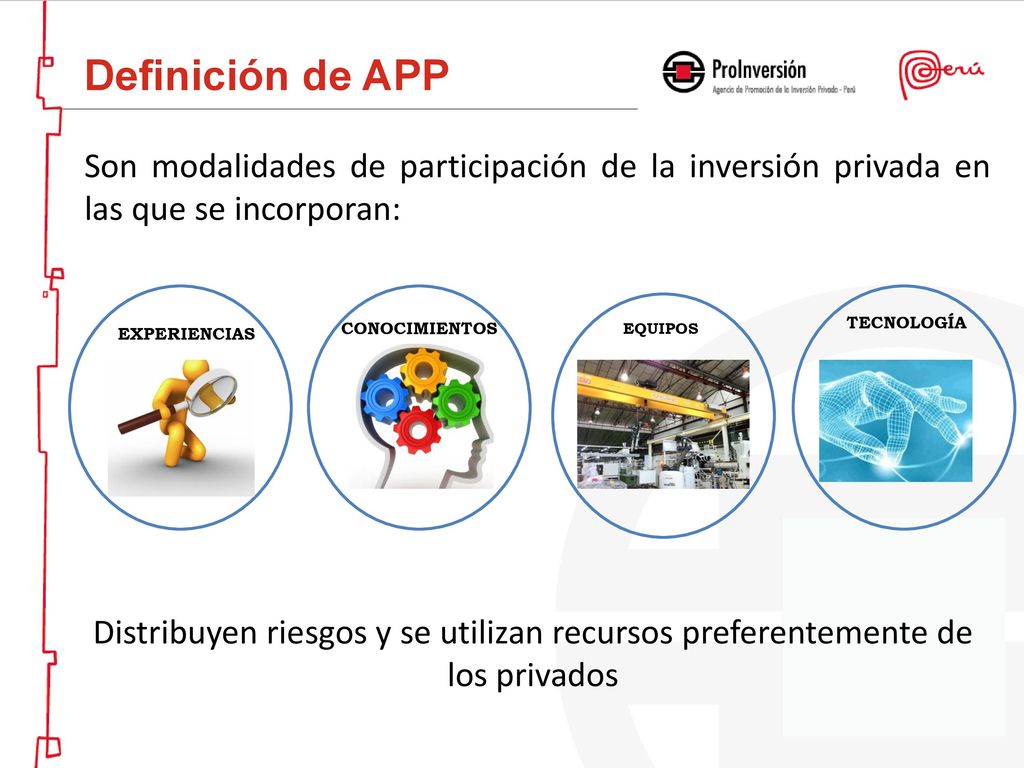 Definición de APP Son modalidades de participación de la inversión privada en las que se incorporan: