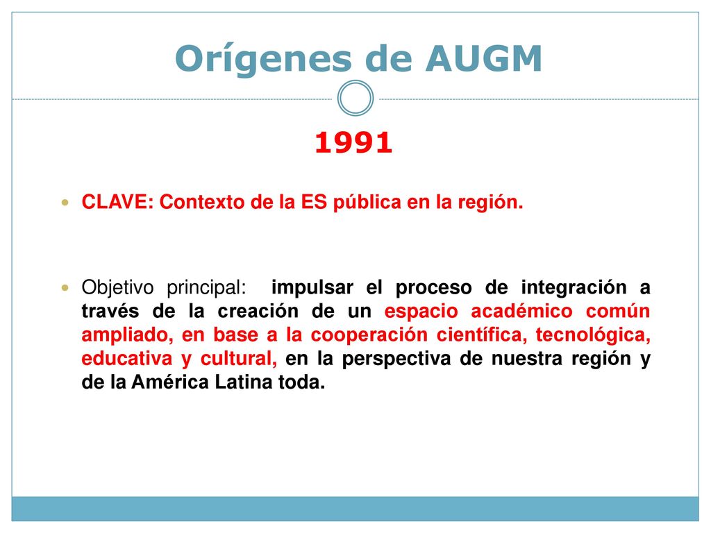1991 Orígenes de AUGM CLAVE: Contexto de la ES pública en la región.