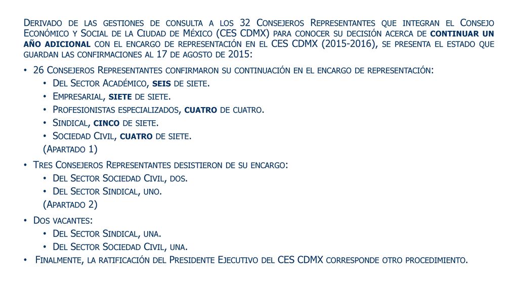 Derivado de las gestiones de consulta a los 32 Consejeros Representantes que integran el Consejo Económico y Social de la Ciudad de México (CES CDMX) para conocer su decisión acerca de continuar un año adicional con el encargo de representación en el CES CDMX ( ), se presenta el estado que guardan las confirmaciones al 17 de agosto de 2015:
