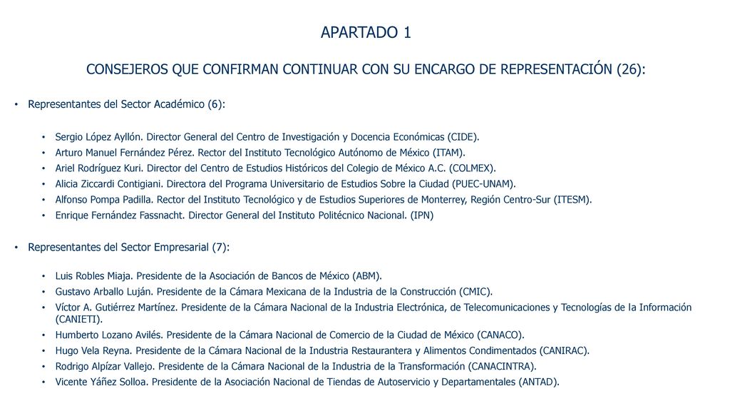 APARTADO 1 CONSEJEROS QUE CONFIRMAN CONTINUAR CON SU ENCARGO DE REPRESENTACIÓN (26): Representantes del Sector Académico (6):