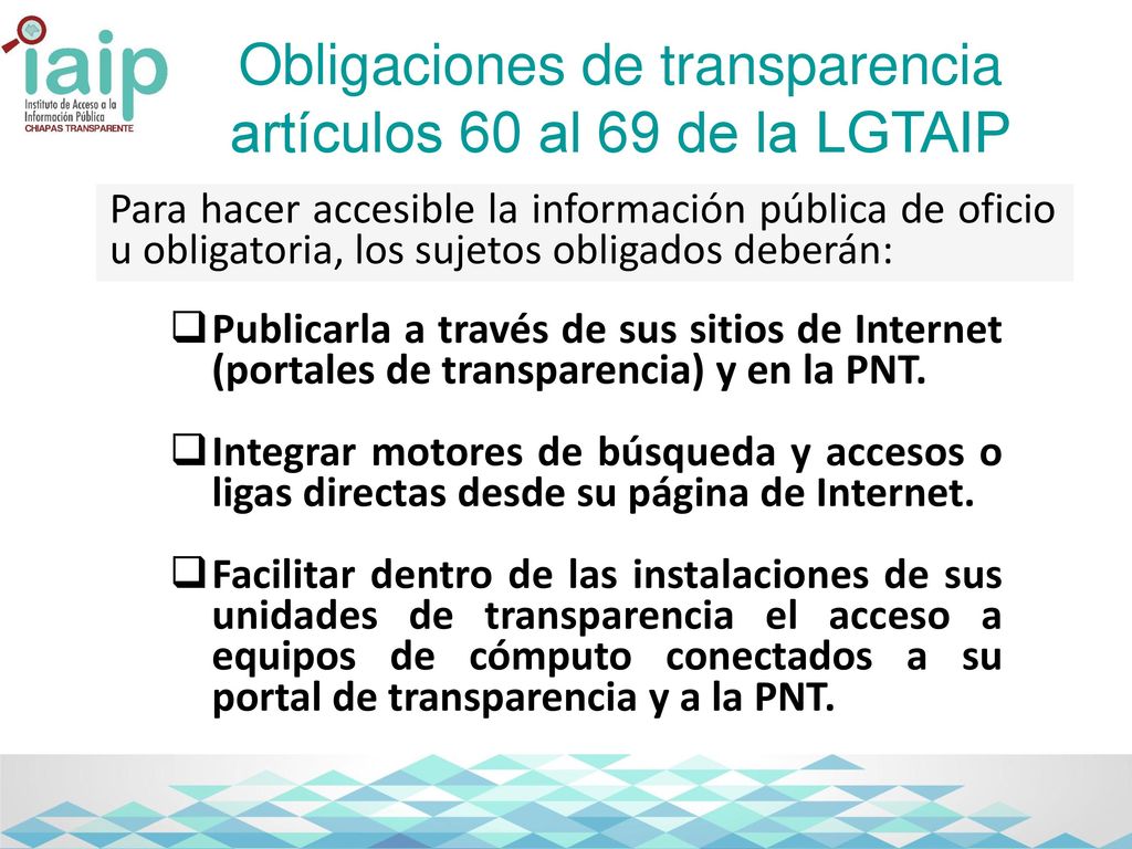Obligaciones de transparencia artículos 60 al 69 de la LGTAIP