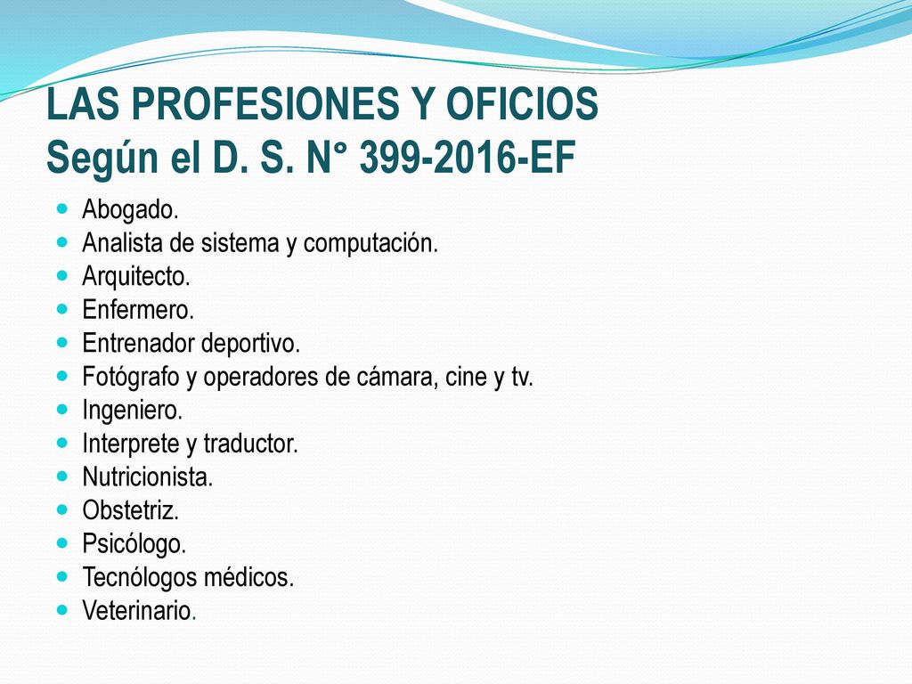 LAS PROFESIONES Y OFICIOS Según el D. S. N° EF