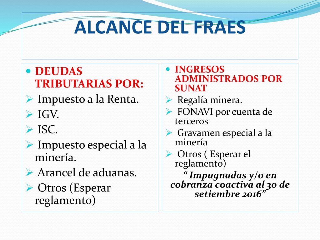 Impugnadas y/o en cobranza coactiva al 30 de setiembre 2016