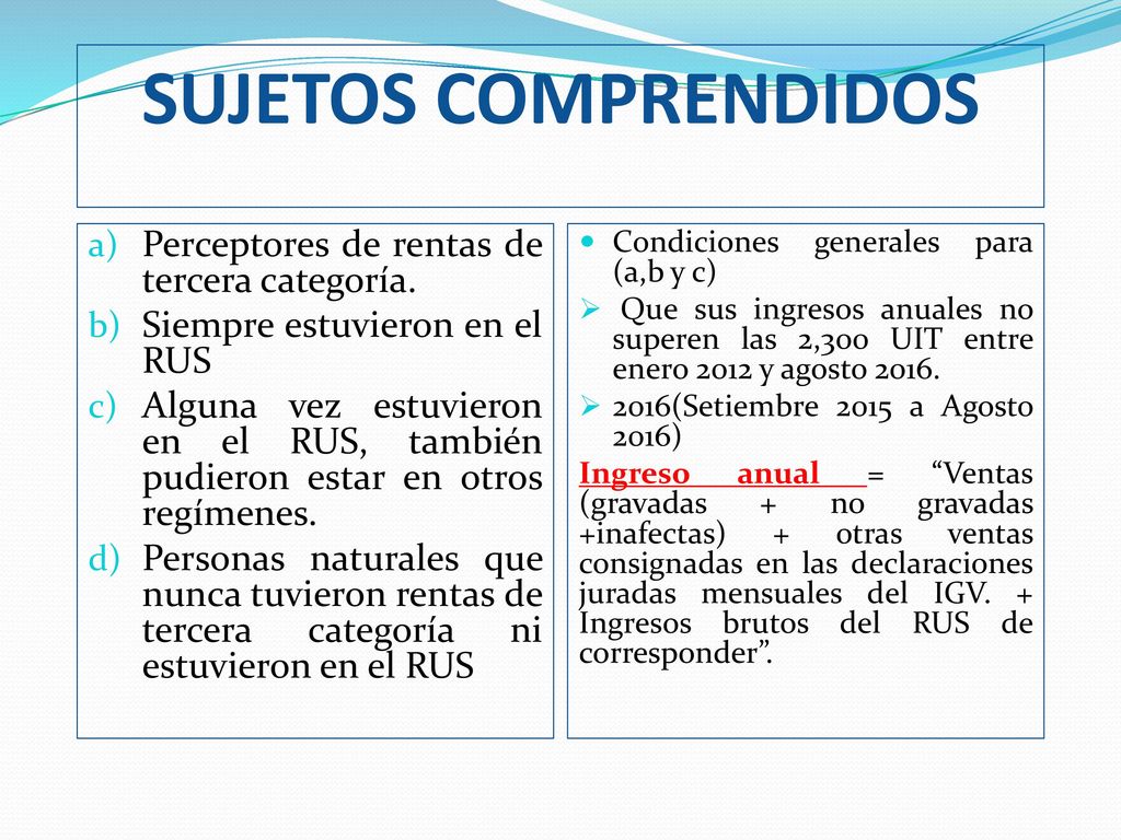 SUJETOS COMPRENDIDOS Perceptores de rentas de tercera categoría.