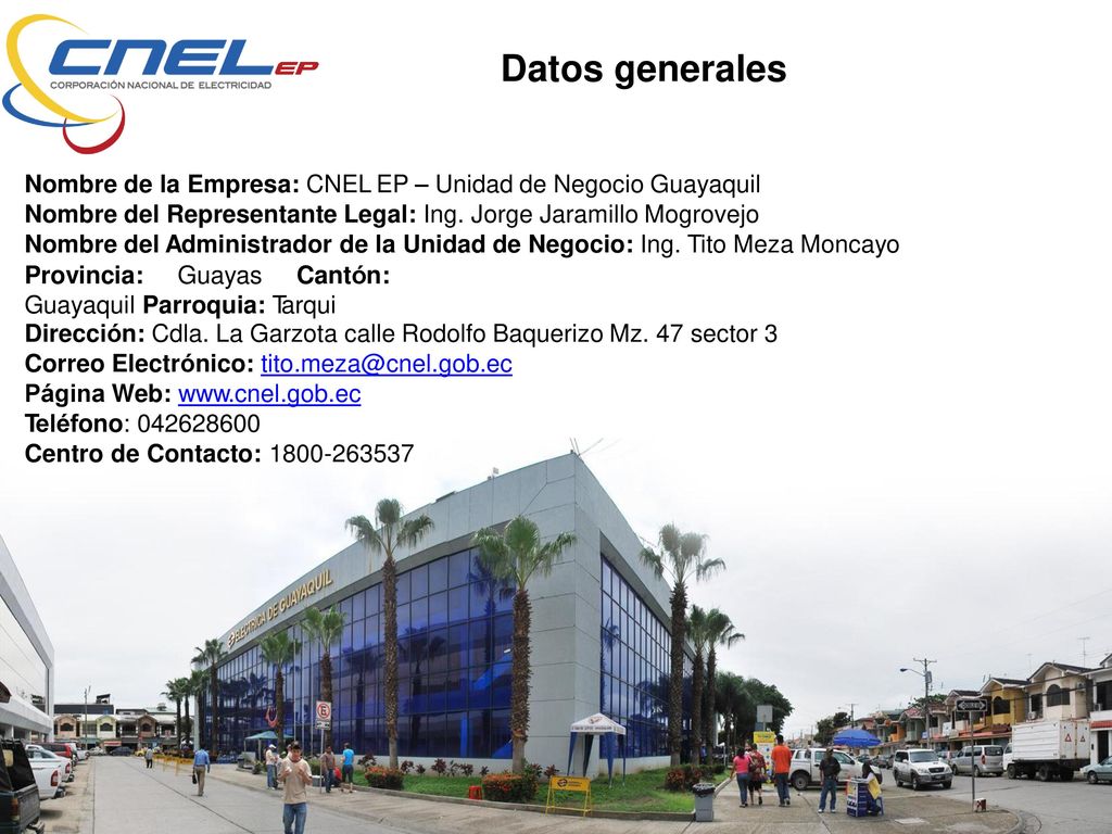 Datos generales Nombre de la Empresa: CNEL EP – Unidad de Negocio Guayaquil. Nombre del Representante Legal: Ing. Jorge Jaramillo Mogrovejo.