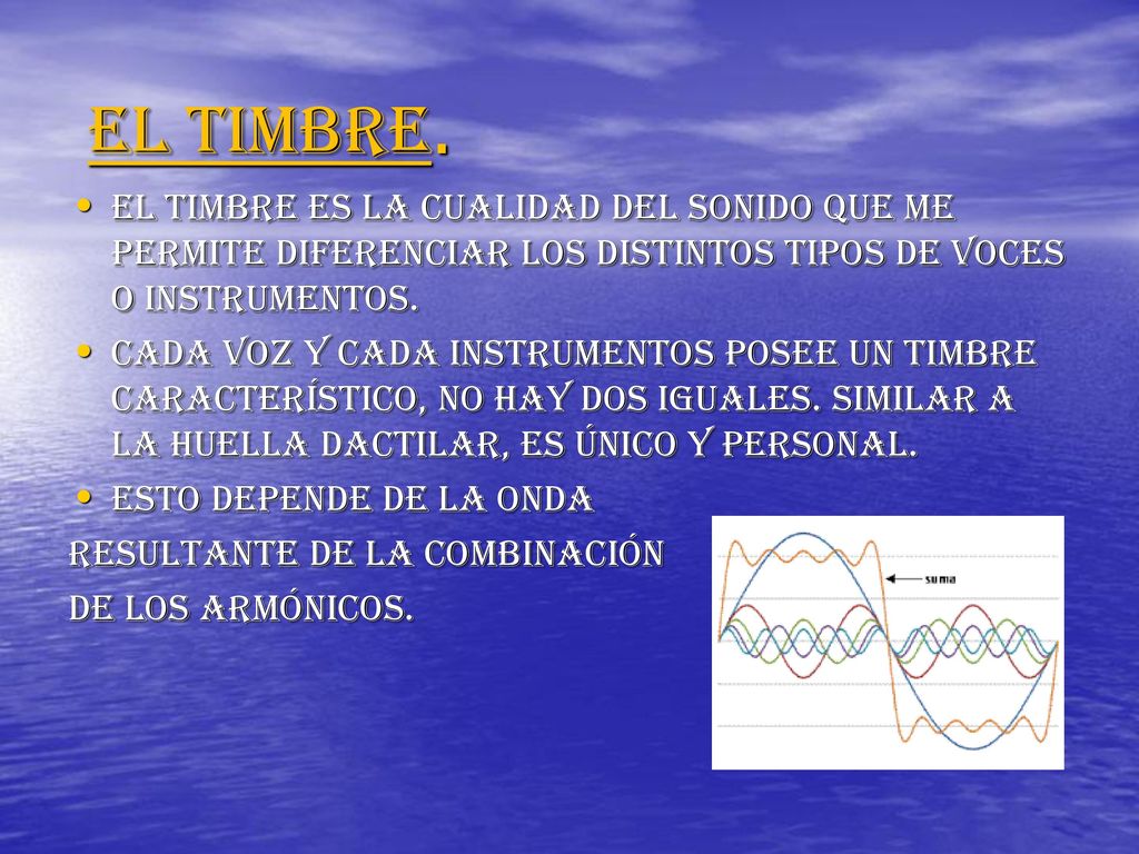 EL TIMBRE. EL TIMBRE ES LA CUALIDAD DEL SONIDO QUE ME PERMITE DIFERENCIAR LOS DISTINTOS TIPOS DE VOCES O INSTRUMENTOS.