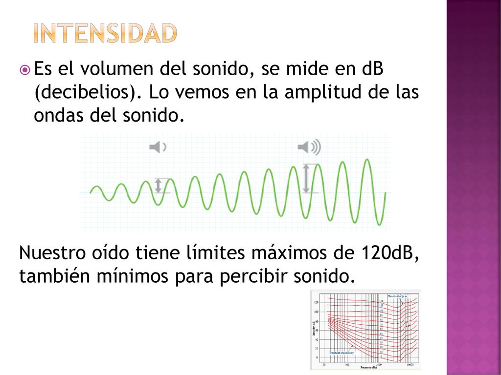 intensidad Es el volumen del sonido, se mide en dB (decibelios). Lo vemos en la amplitud de las ondas del sonido.