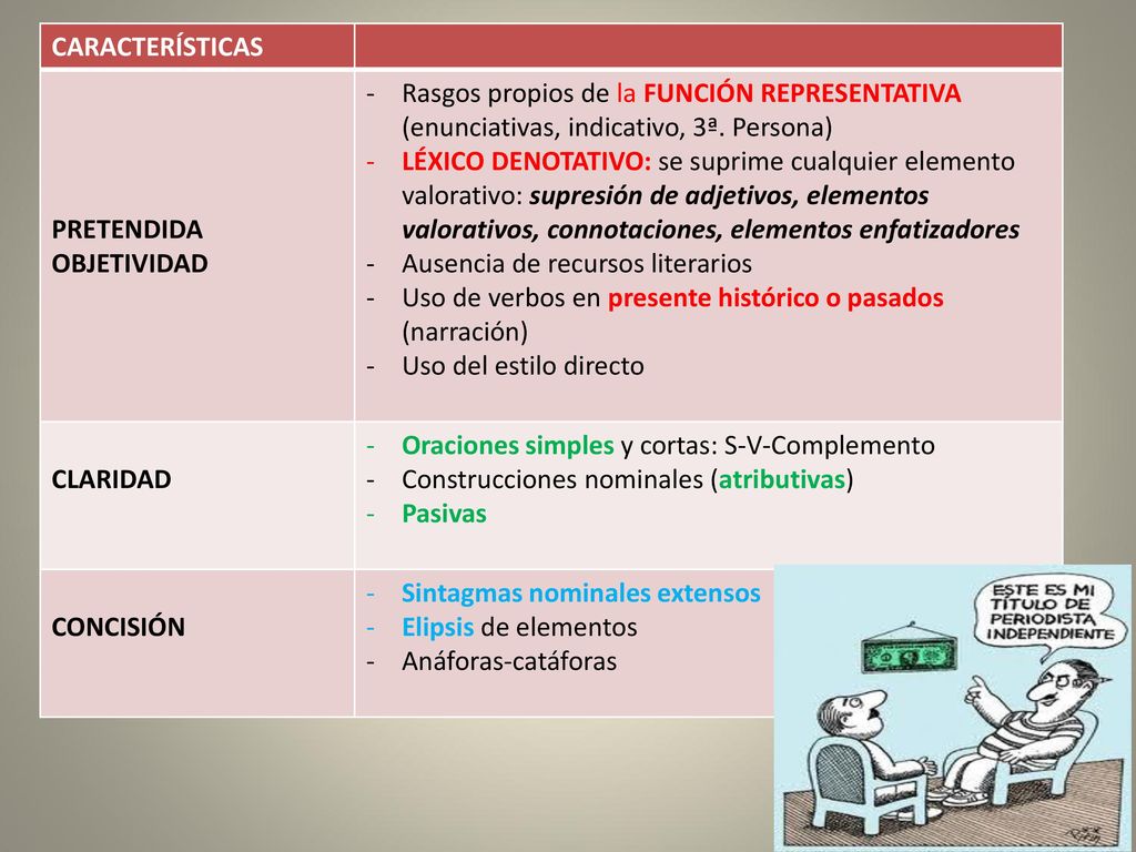 CARACTERÍSTICAS PRETENDIDA OBJETIVIDAD. Rasgos propios de la FUNCIÓN REPRESENTATIVA (enunciativas, indicativo, 3ª. Persona)