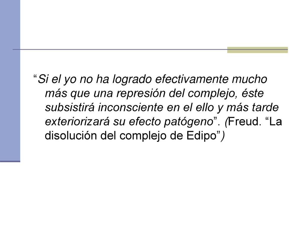 Si el yo no ha logrado efectivamente mucho más que una represión del complejo, éste subsistirá inconsciente en el ello y más tarde exteriorizará su efecto patógeno .