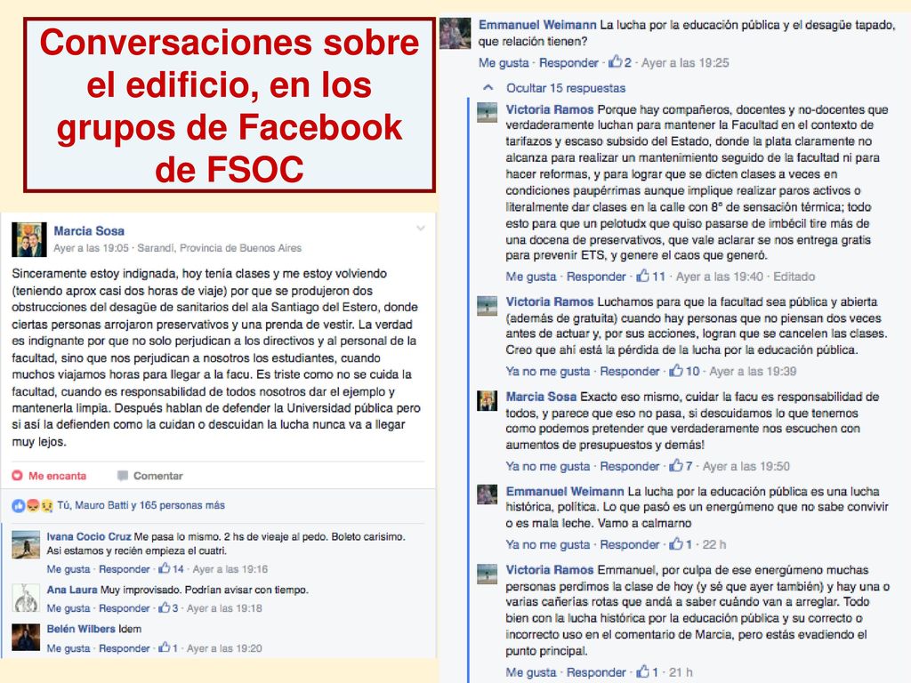 Conversaciones sobre el edificio, en los grupos de Facebook de FSOC