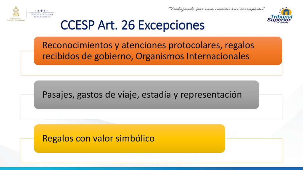 CCESP Art. 26 Excepciones Reconocimientos y atenciones protocolares, regalos recibidos de gobierno, Organismos Internacionales.