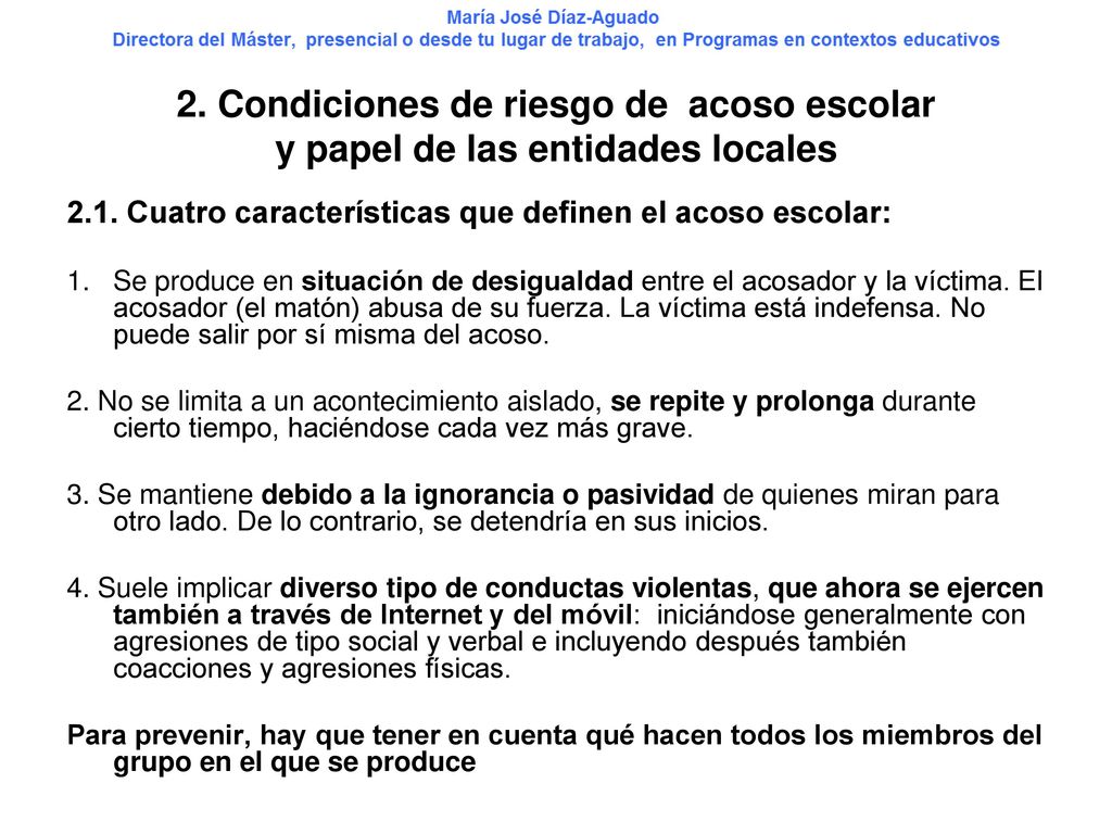 2. Condiciones de riesgo de acoso escolar y papel de las entidades locales