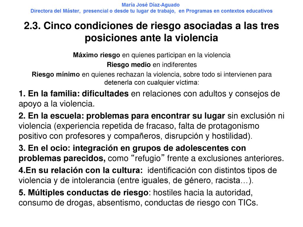 2.3. Cinco condiciones de riesgo asociadas a las tres posiciones ante la violencia