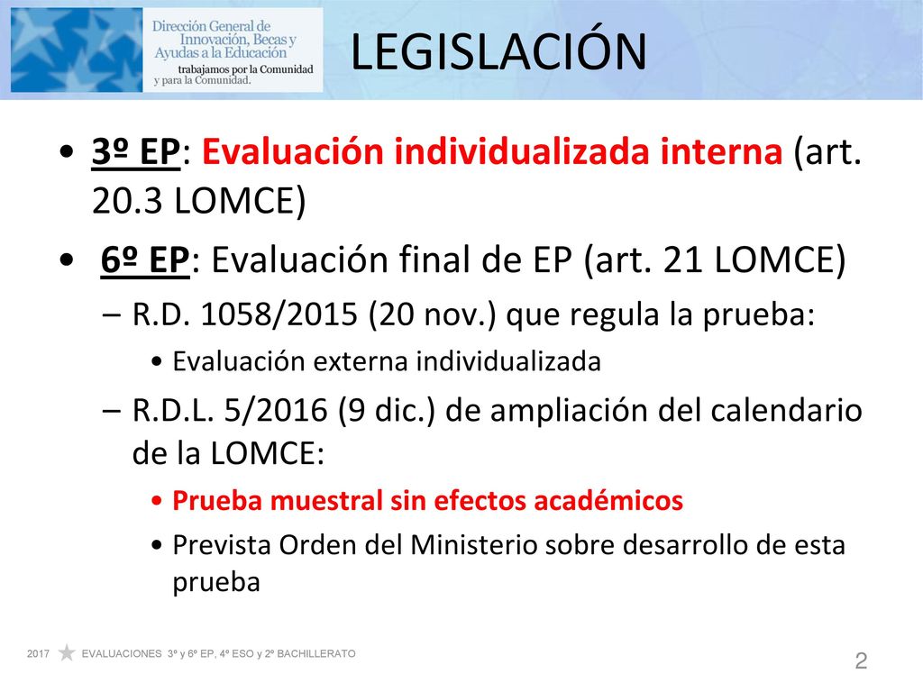 LEGISLACIÓN 3º EP: Evaluación individualizada interna (art LOMCE) 6º EP: Evaluación final de EP (art. 21 LOMCE)