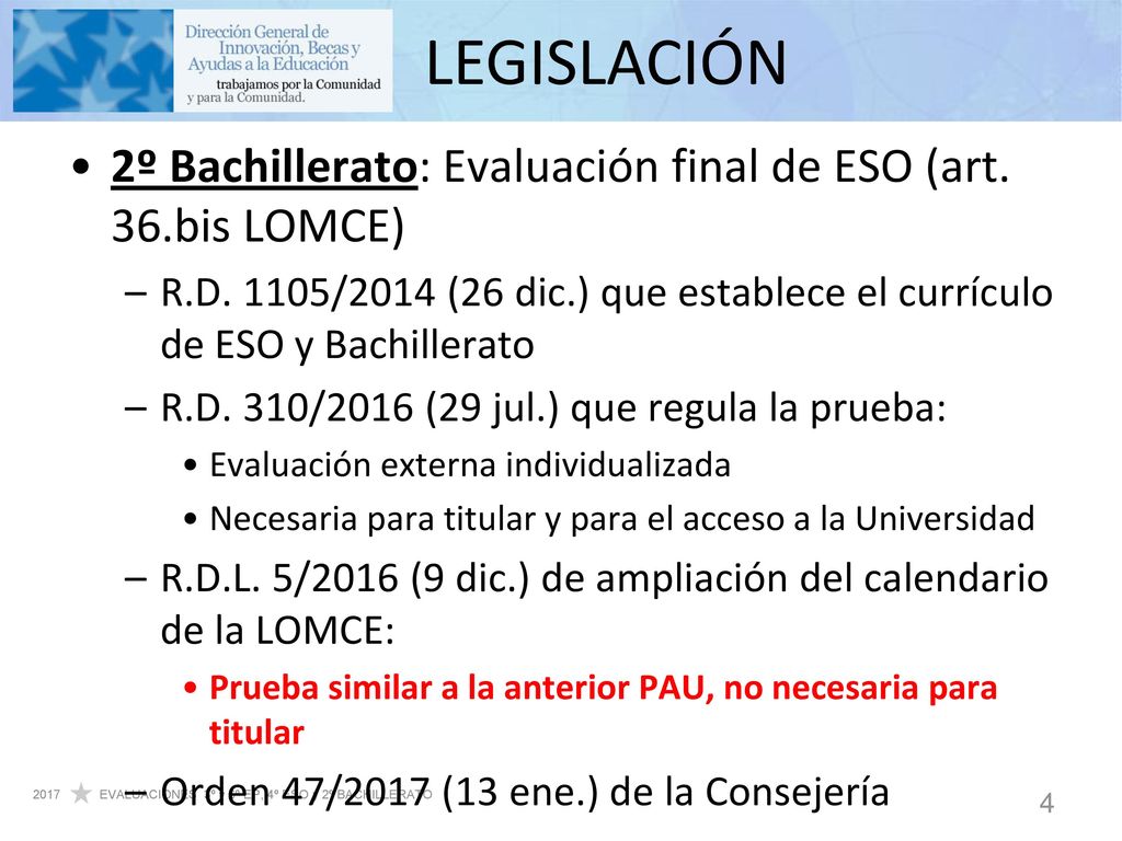 LEGISLACIÓN 2º Bachillerato: Evaluación final de ESO (art. 36.bis LOMCE) R.D. 1105/2014 (26 dic.) que establece el currículo de ESO y Bachillerato.