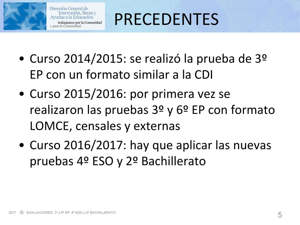 PRECEDENTES Curso 2014/2015: se realizó la prueba de 3º EP con un formato similar a la CDI.