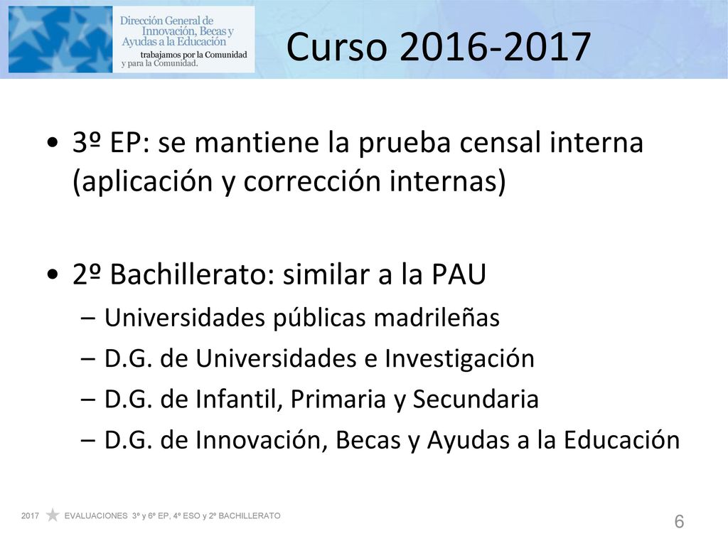 Curso º EP: se mantiene la prueba censal interna (aplicación y corrección internas) 2º Bachillerato: similar a la PAU.