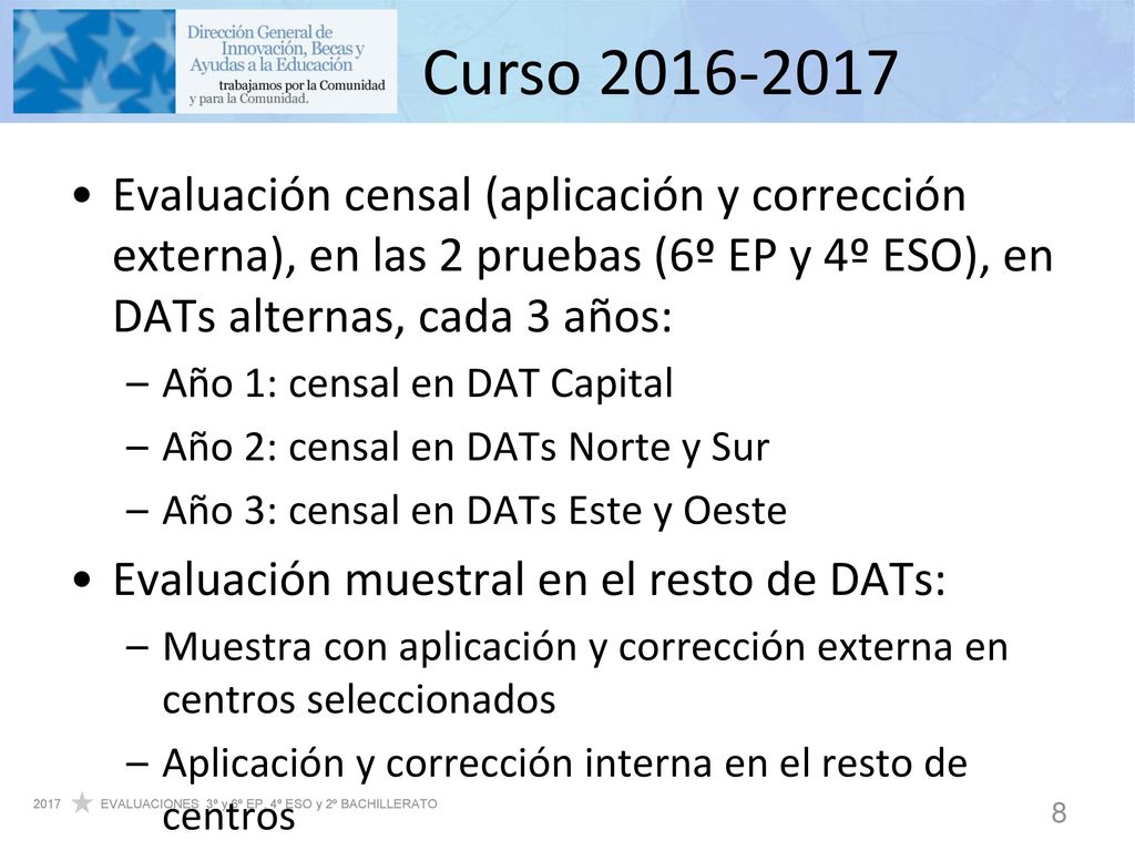 Curso Evaluación censal (aplicación y corrección externa), en las 2 pruebas (6º EP y 4º ESO), en DATs alternas, cada 3 años: