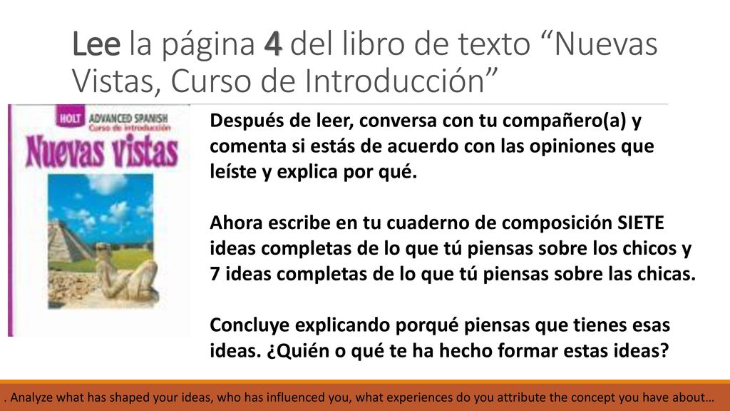 Lee la página 4 del libro de texto Nuevas Vistas, Curso de Introducción