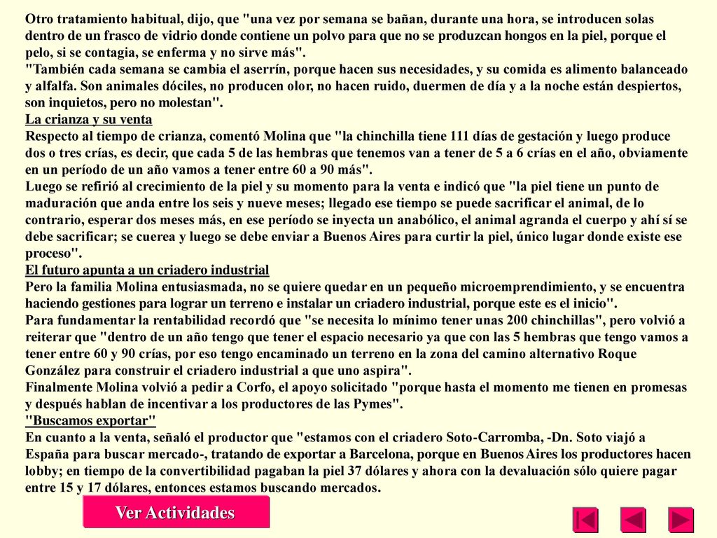 Otro tratamiento habitual, dijo, que una vez por semana se bañan, durante una hora, se introducen solas dentro de un frasco de vidrio donde contiene un polvo para que no se produzcan hongos en la piel, porque el pelo, si se contagia, se enferma y no sirve más . También cada semana se cambia el aserrín, porque hacen sus necesidades, y su comida es alimento balanceado y alfalfa. Son animales dóciles, no producen olor, no hacen ruido, duermen de día y a la noche están despiertos, son inquietos, pero no molestan .