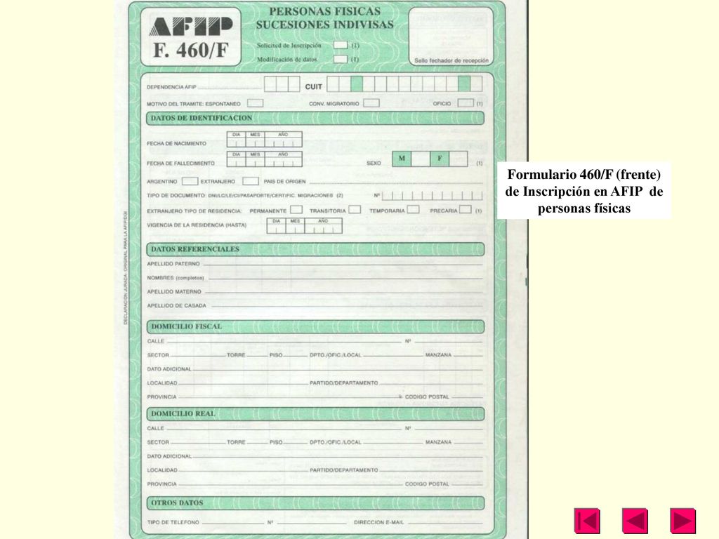 Formulario 460/F (frente) de Inscripción en AFIP de personas físicas