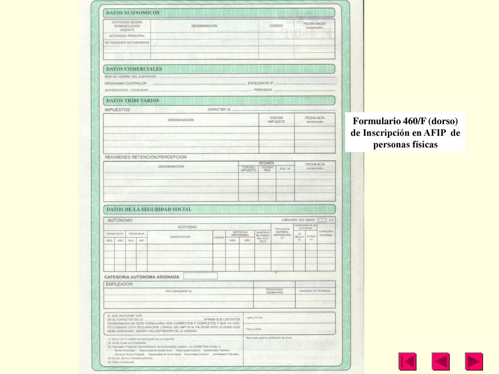 Formulario 460/F (dorso) de Inscripción en AFIP de personas físicas