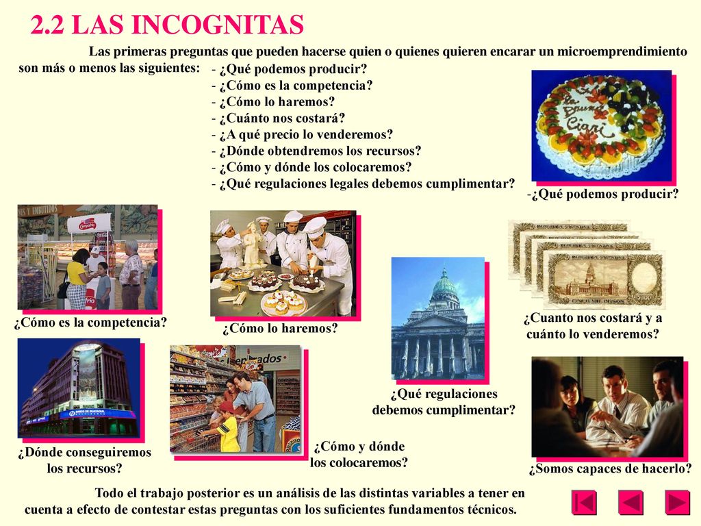 2.2 LAS INCOGNITAS Las primeras preguntas que pueden hacerse quien o quienes quieren encarar un microemprendimiento son más o menos las siguientes: