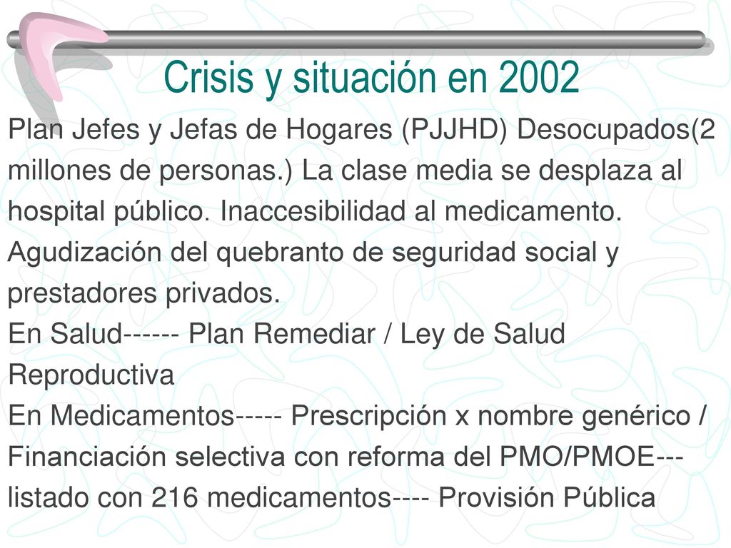 Crisis y situación en 2002 Plan Jefes y Jefas de Hogares (PJJHD) Desocupados(2. millones de personas.) La clase media se desplaza al.