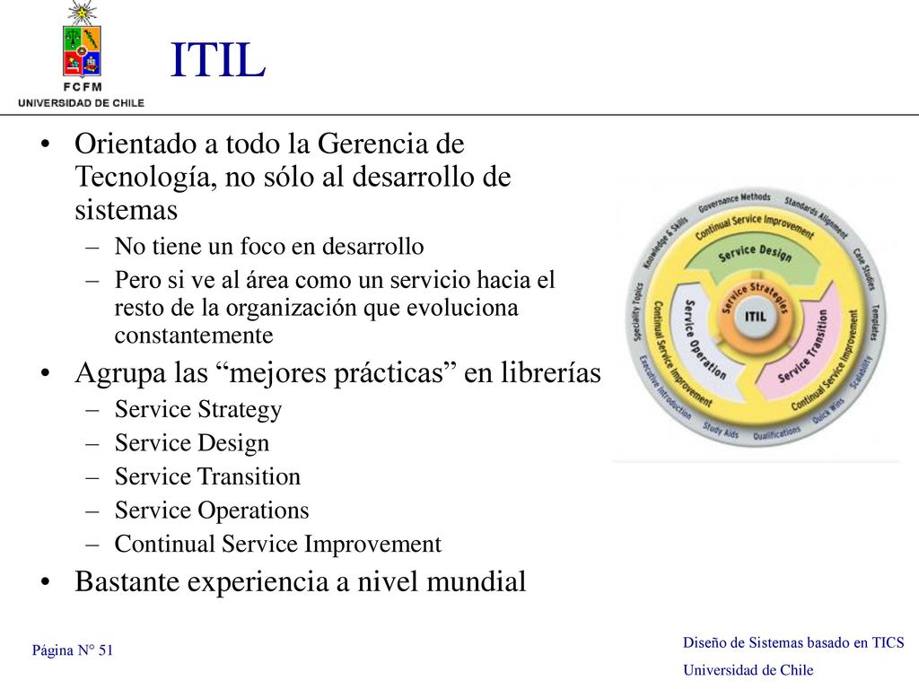 ITIL Orientado a todo la Gerencia de Tecnología, no sólo al desarrollo de sistemas. No tiene un foco en desarrollo.