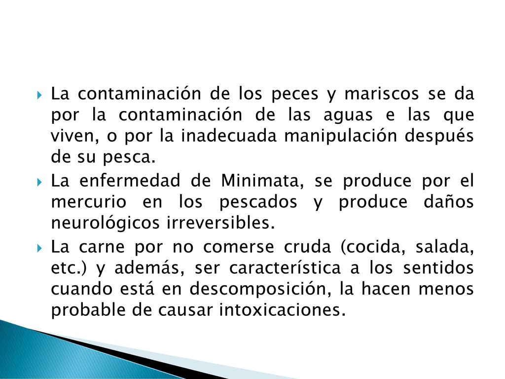 La contaminación de los peces y mariscos se da por la contaminación de las aguas e las que viven, o por la inadecuada manipulación después de su pesca.