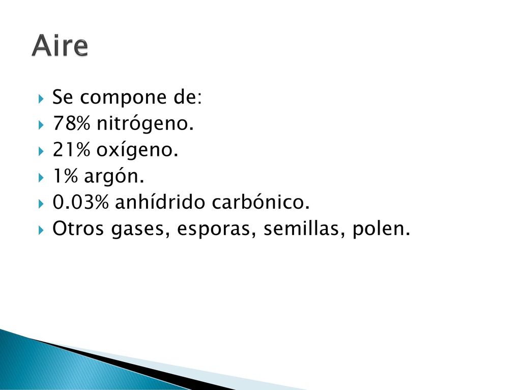 Aire Se compone de: 78% nitrógeno. 21% oxígeno. 1% argón.