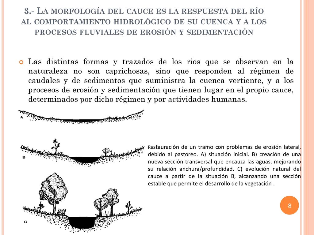 3.- La morfología del cauce es la respuesta del río al comportamiento hidrológico de su cuenca y a los procesos fluviales de erosión y sedimentación