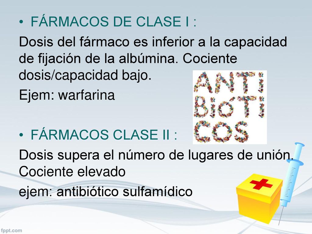 FÁRMACOS DE CLASE I : Dosis del fármaco es inferior a la capacidad de fijación de la albúmina. Cociente dosis/capacidad bajo.