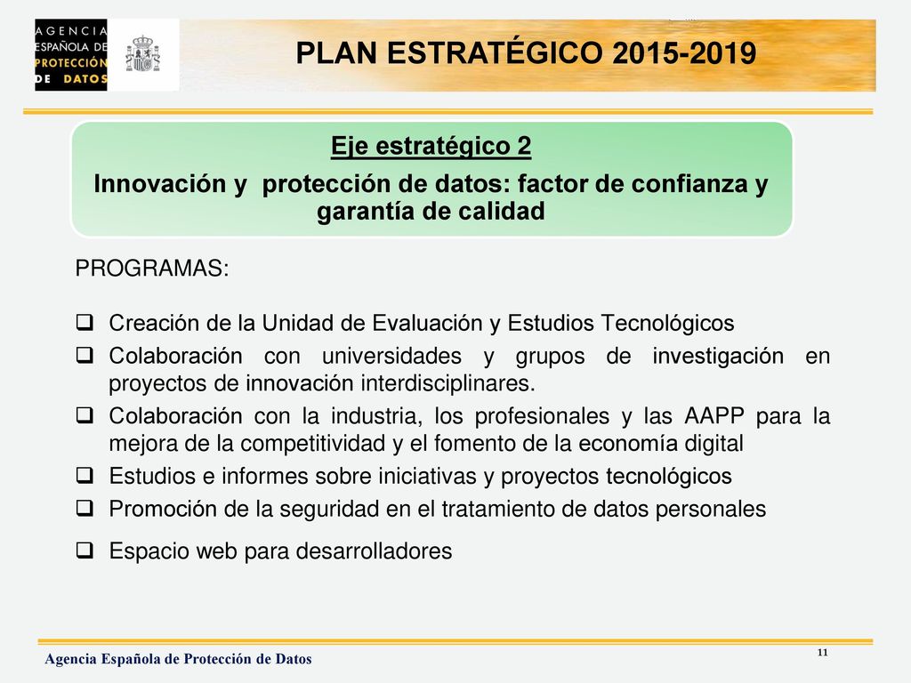 Eje estratégico 2 Innovación y protección de datos: factor de confianza y garantía de calidad. PROGRAMAS: